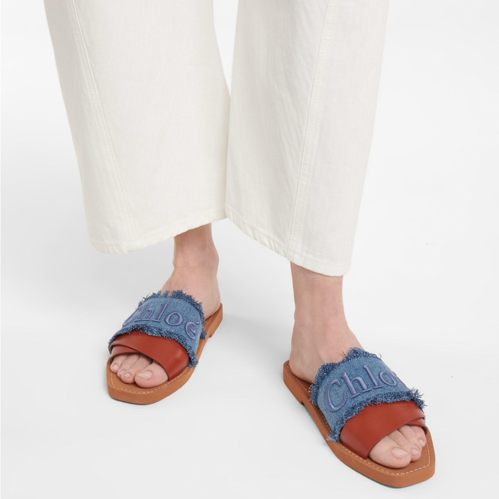NWT 100% Authentic Chloe Woody Logo Flat Denim Slide Sandals - Picture 7 of 16
